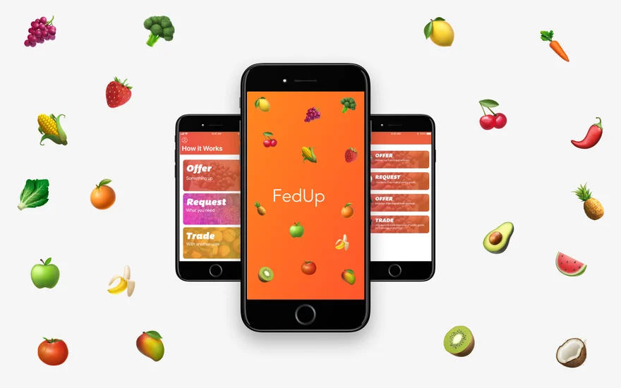 FedUp app on three phones: the splash screen, How it Works with Offer, Request and Trade, and a feed of offers and requests.