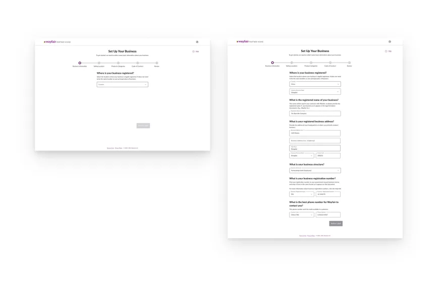 Concept: horizontal progress stepper across the top of each form