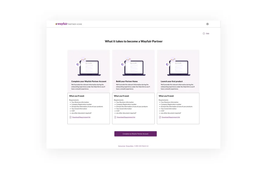 Concept: predefined verticals explaining what it takes to become a Wayfair partner