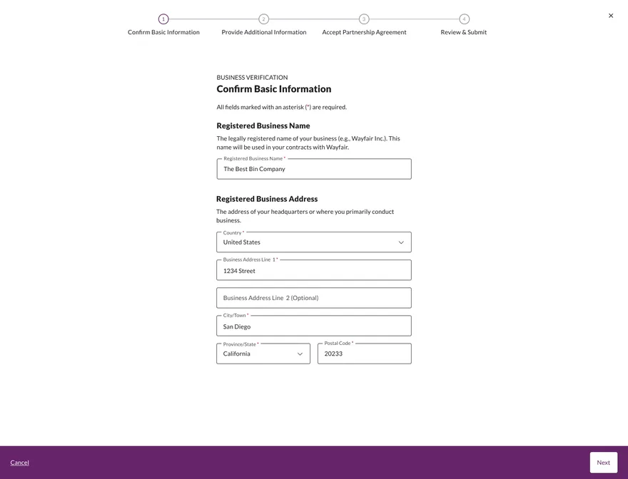 KYB step 1 form asking for the registered business name and address, with a four-step progress bar