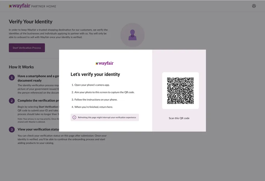 Wayfair identity verification modal with a QR code that hands ID capture off to the supplier’s phone